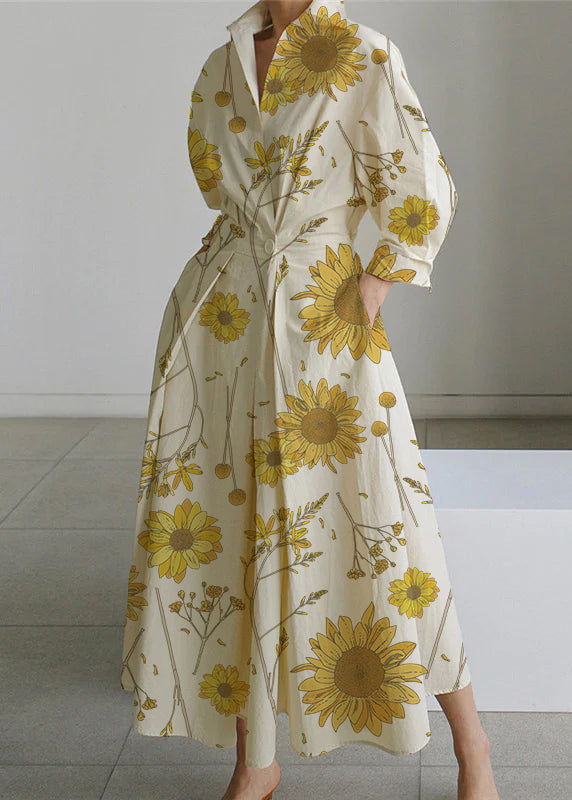 2022 Beige-yellow flower Peter Pan Collar Pockets Cotton Dress Long Sleeve