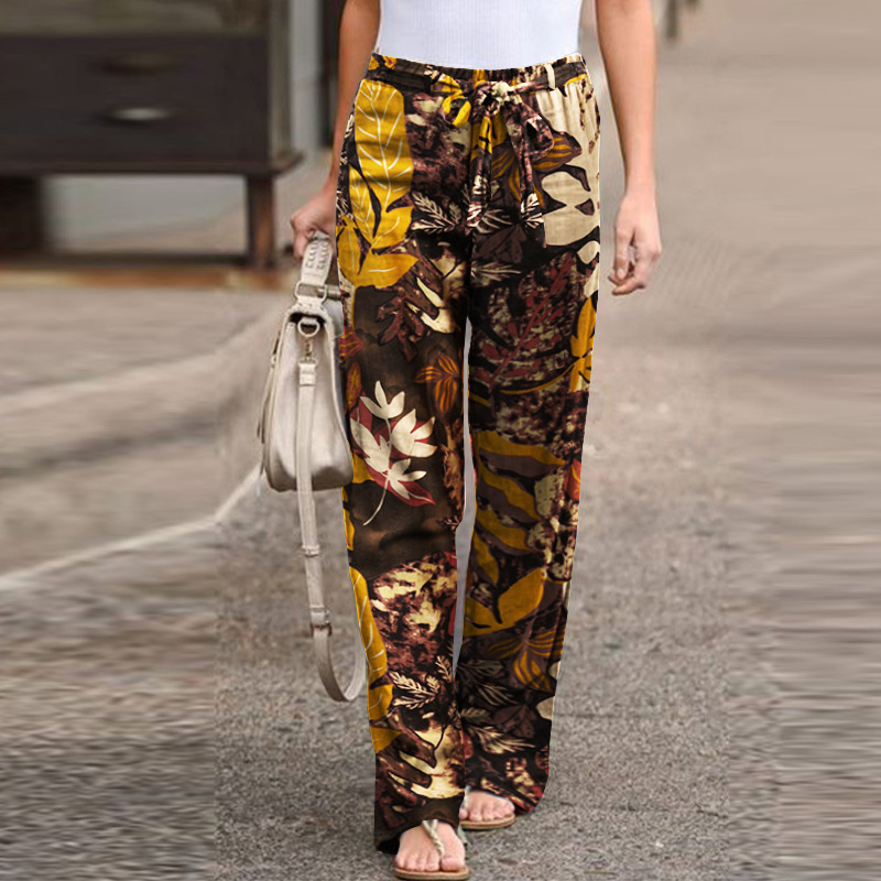 Women's Simple Elastic Waist Printed Cotton Linen Trousers