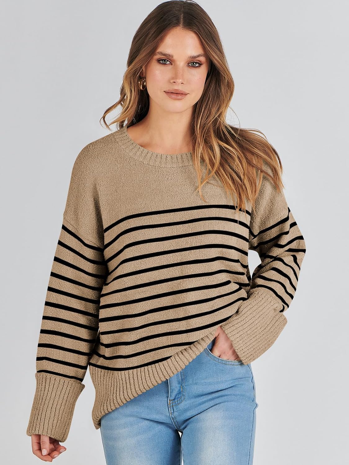 Women's Crewneck Long Sleeve Oversized Fuzzy Knit Chunky Warm Pullover Sweater Top