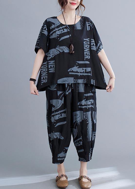 Plus Size Black Print crop pants Two Pieces Set Summer
