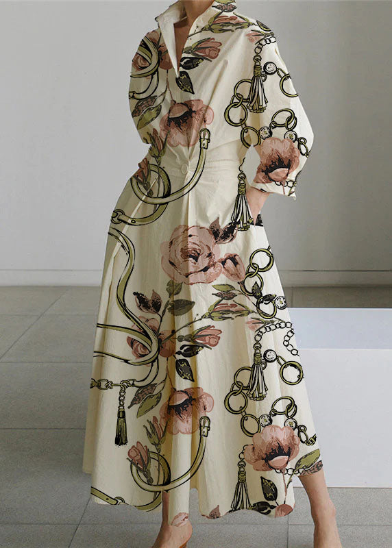 2022 Beige Peter Pan Collar Pockets Cotton Dress Long Sleeve