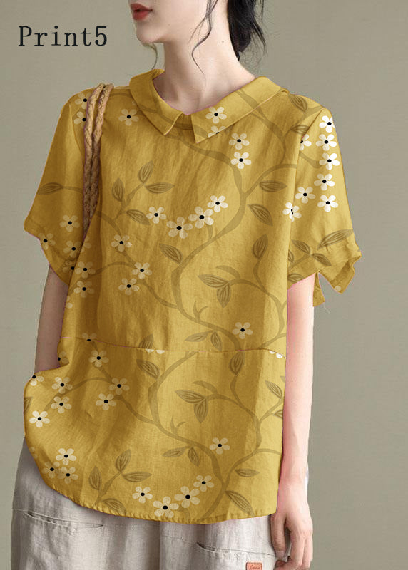 Simple Pink Peter Pan Collar Patchwork Summer Linen Blouses
