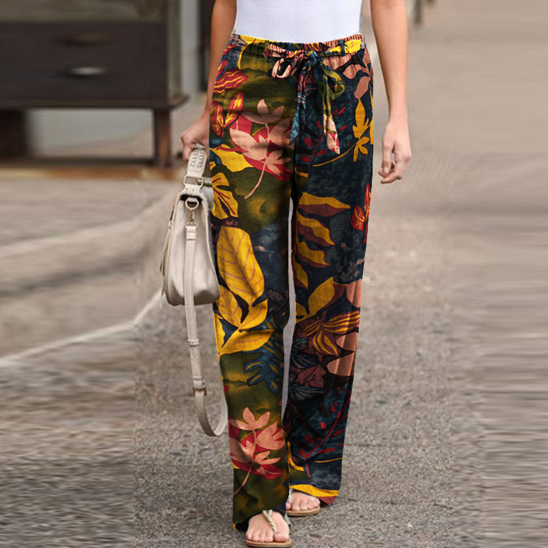 Women's Simple Elastic Waist Printed Cotton Linen Trousers