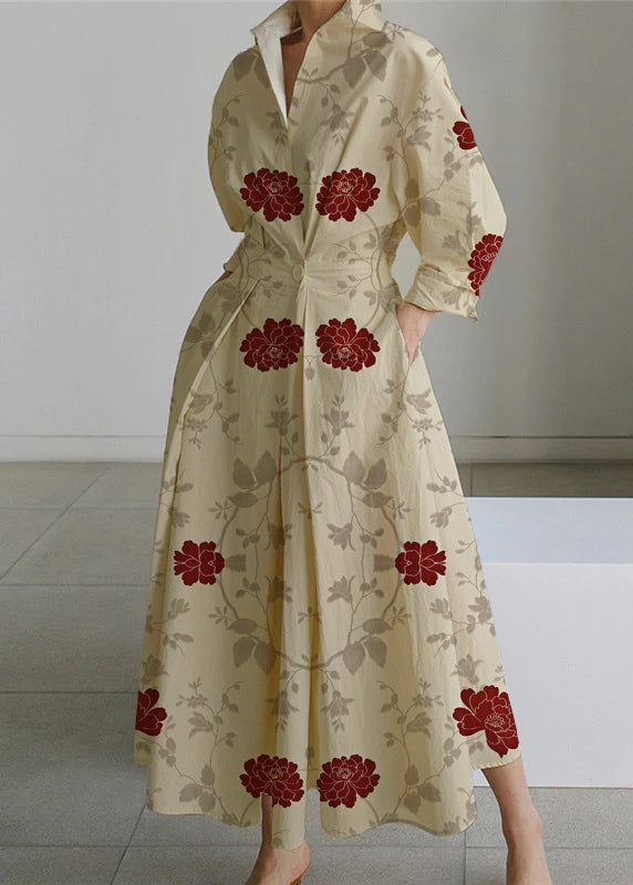 2022 Beige Peter Pan Collar Pockets Cotton Dress Long Sleeve