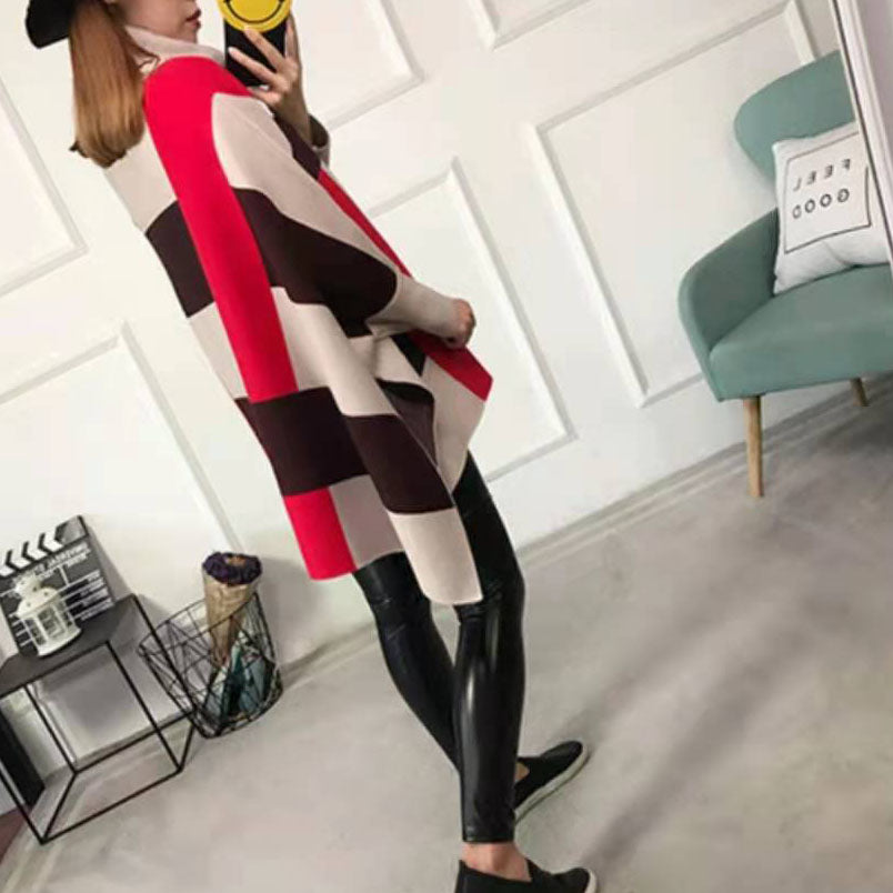 Women Striped Knit Blouse O Neck Batwing Sleeve Loose-fitting Knitted Blouse