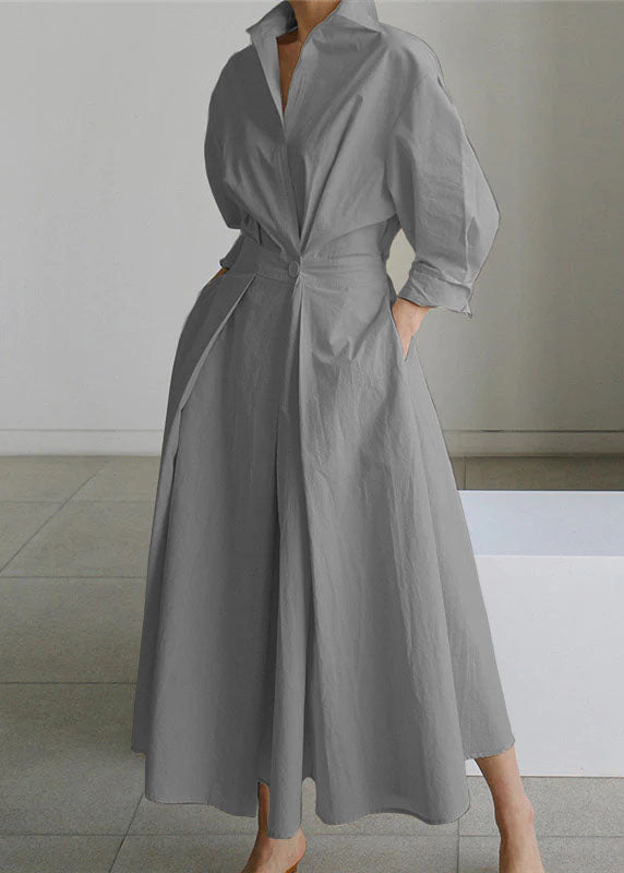 2022 Beige Peter Pan Collar Pockets Cotton Dress Long Sleeve